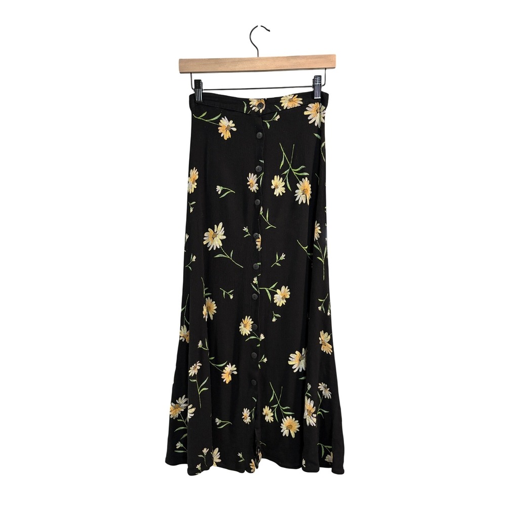 Pandora Casuals Black Floral‎ Button Front Maxi Skirt Women Small Vintage 90s